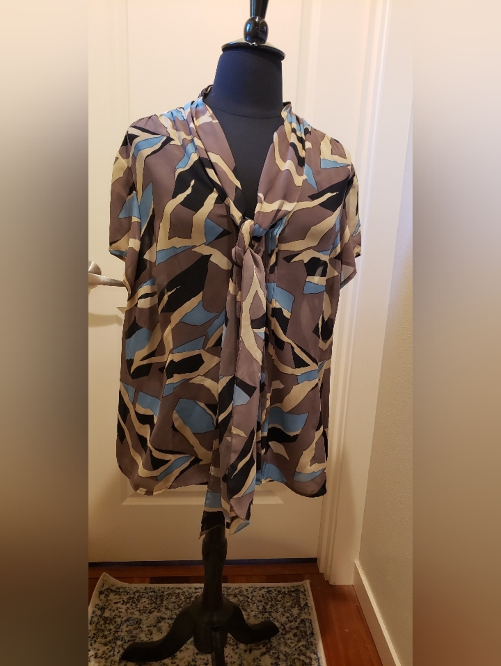 Jones New York Abstract Tie-Neck Short Sleeve Blouse - Blue, Brown, Cream